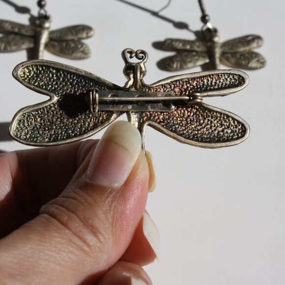 Vintage Dragonfly Set Earrings and Pendant or Brooch Pewter Summer… - Picture 2 of 4